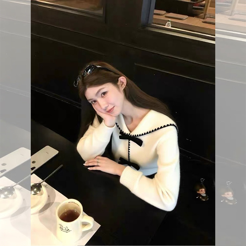 ROUMIKL氛围感米白色海军领蝴蝶结装饰针织开衫女秋冬新款学院风