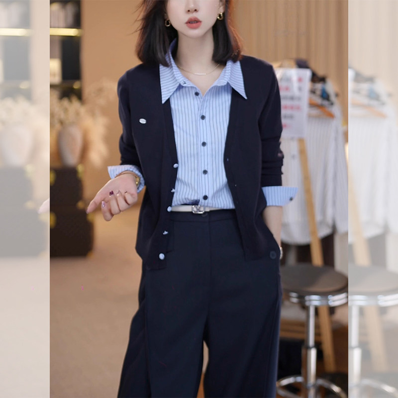 JOYIASS藏青色假两件翻领衬衫条纹拼接针织开衫女秋季新款韩系chi