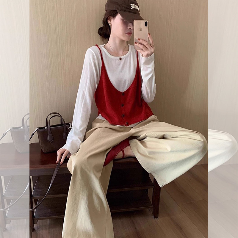 JOYIASS韩系红色吊带叠穿针织衫女两件套早秋季新款奶fufu软糯毛