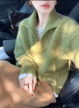 ROUMIKL绿色翻领拉链针织开衫女2025秋冬新款慵懒风软糯百搭长袖