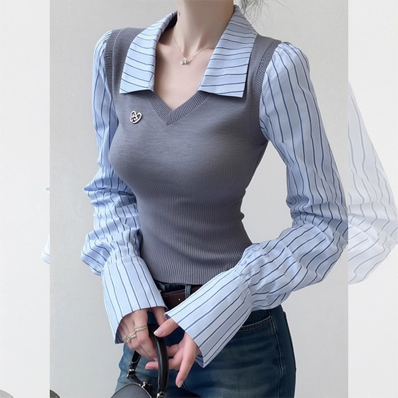 JOYIASS韩里韩气假两件条纹衬衫女款秋季新款小个子紧身掐腰短款