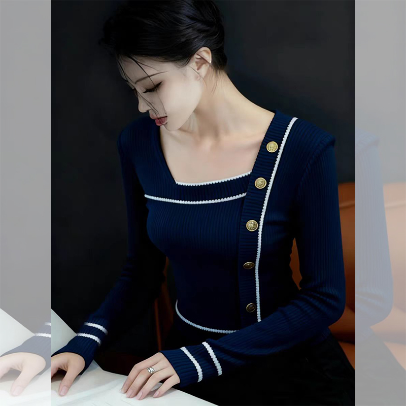 ROUMIKL藏蓝色方领长袖针织衫女秋季2025新款洋气金属扣装饰百搭