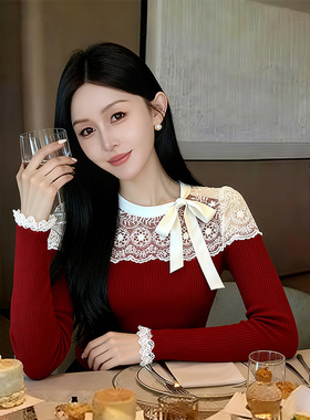 ROUMIKL轻奢风红色蕾丝拼接蝴蝶结系带针织衫女秋季新款精致漂亮