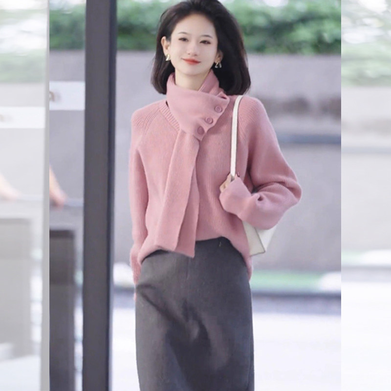 JOYIASS超好看粉色围巾款毛衣女2025年早秋季新款端庄大气氛围感