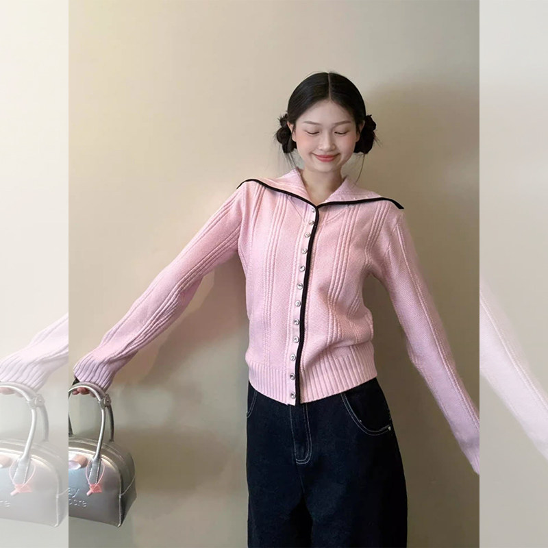JOYIASS学院风粉色海军领针织开衫女款早秋季新款小个子短款显白