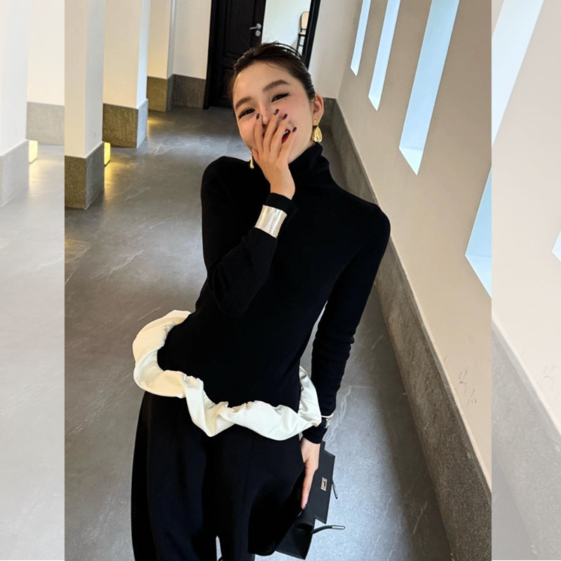 JOYIASS小香风黑色高领花边拼接针织衫长袖女秋冬新款小个子巨好