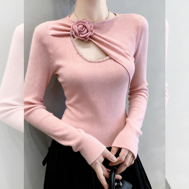 ROUMIKL粉色假两件镂空玫瑰装饰针织衫女秋季新款独特别致超好看