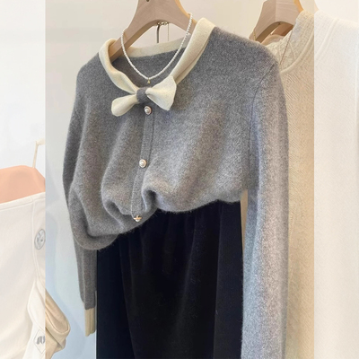 ROUMIKL灰色蝴蝶结珍珠扣装饰针织开衫女款秋冬2025年新款慵懒风