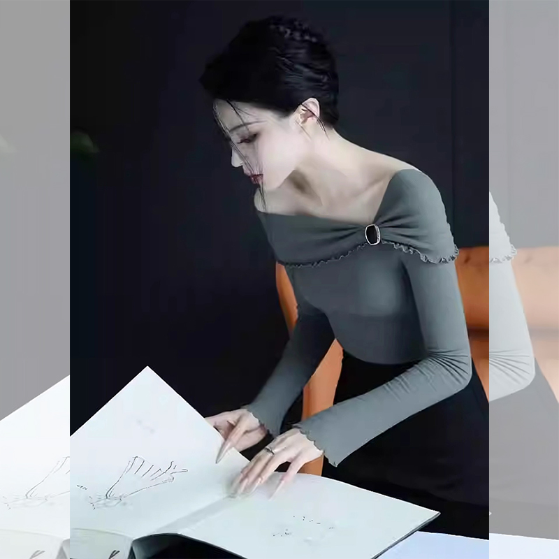 ROUMIKL灰色一字肩扭结设计长袖T恤女新款早秋季高级感小众超好看