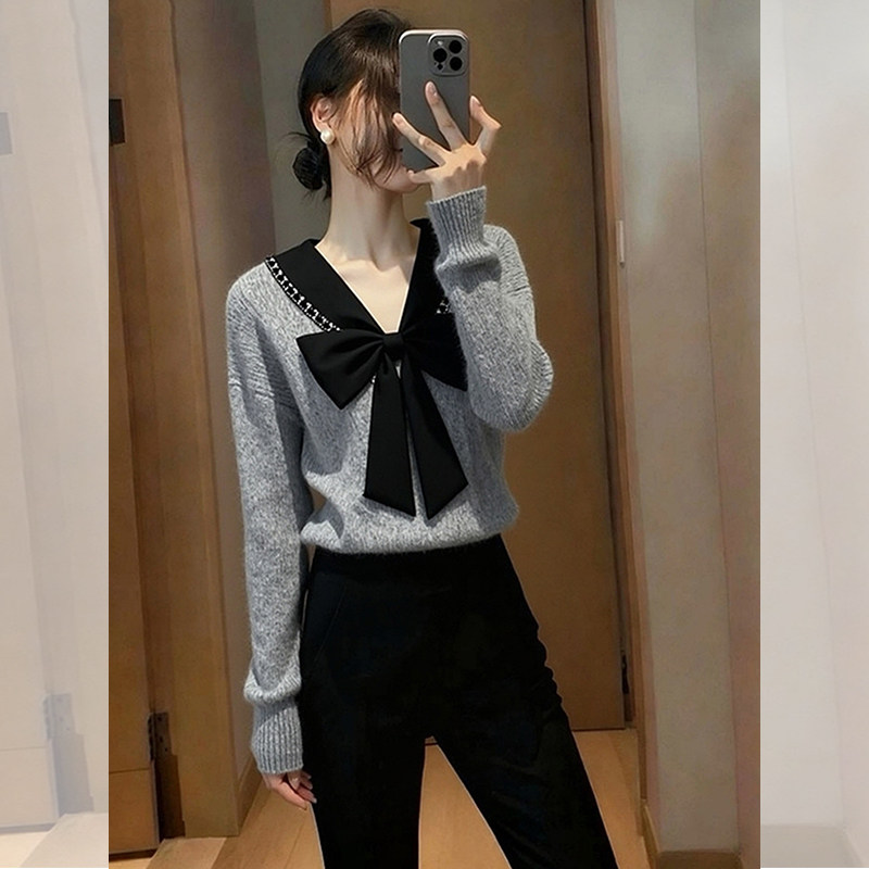 ROUMIKL韩系chic灰色蝴蝶结V领毛衣女秋冬新款小众减龄氛围感针织