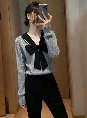 ROUMIKL韩系chic灰色蝴蝶结V领毛衣女秋冬新款小众减龄氛围感针织