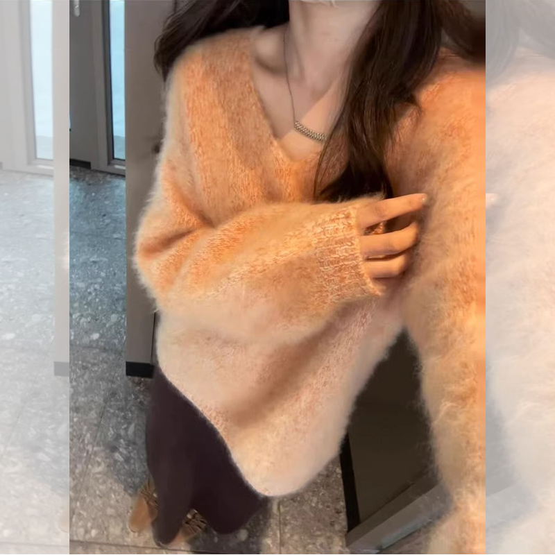 JOYIASS奶fufu软糯橘色V领毛衣女秋冬新款小个子宽松遮肉氛围感针
