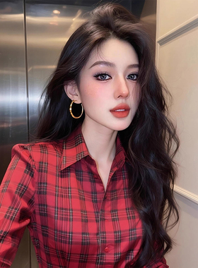 ROUMIKL高端别致红色polo领格纹长袖衬衫女秋季新款职场通勤时髦