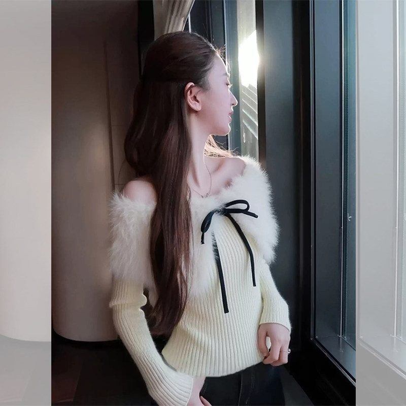 JOYIASS白色蝴蝶结系带毛毛拼接针织衫女秋季新款纯欲风紧身露锁
