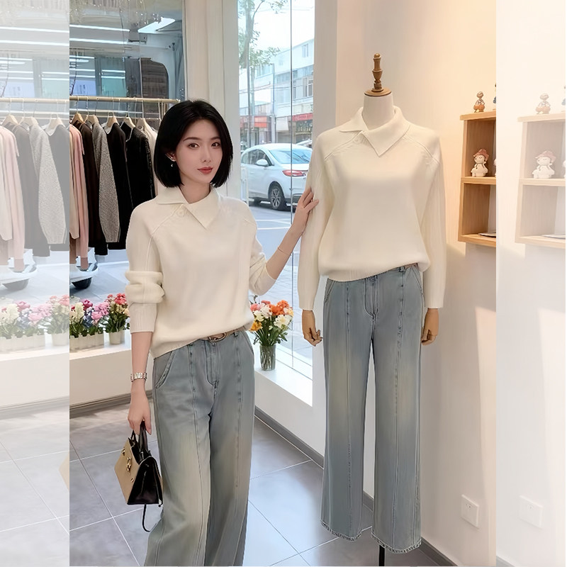 JOYIASS极简风白色翻领针织衫长袖女秋冬新款小个子舒适透气套头