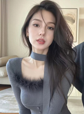 ROUMIKL灰色挂脖毛边针织衫女2025年秋冬高级感内搭长袖毛衣别致