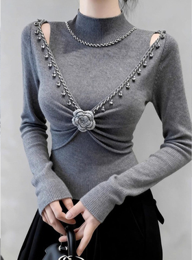 ROUMIKL灰色高领镂空显瘦针织衫女秋冬新款设计感立体花朵装饰长