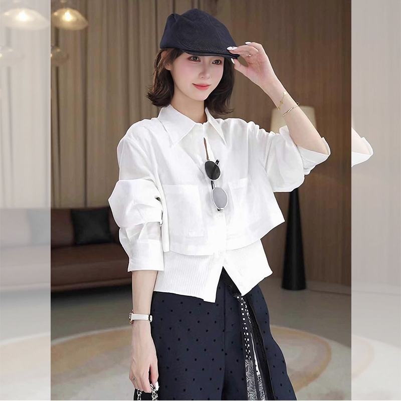 JOYIASS法式白色Polo领假两件下摆拼接衬衫女秋季新款高级感短款