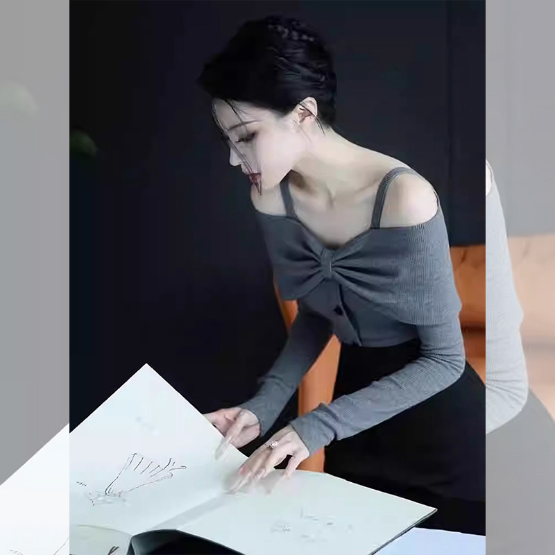 JOYIASS灰色蝴蝶结一字肩针织衫长袖2025早秋季新款女设计感修身