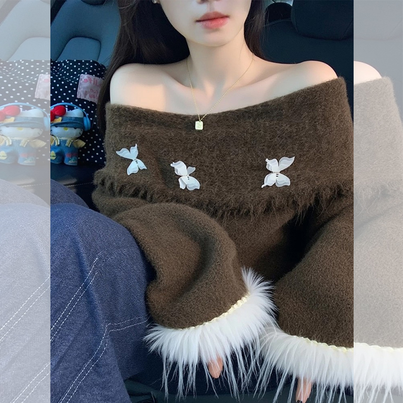 ROUMIKL奶fufu软糯咖啡色一字肩蝴蝶装饰毛衣女秋冬新款宽松遮肚