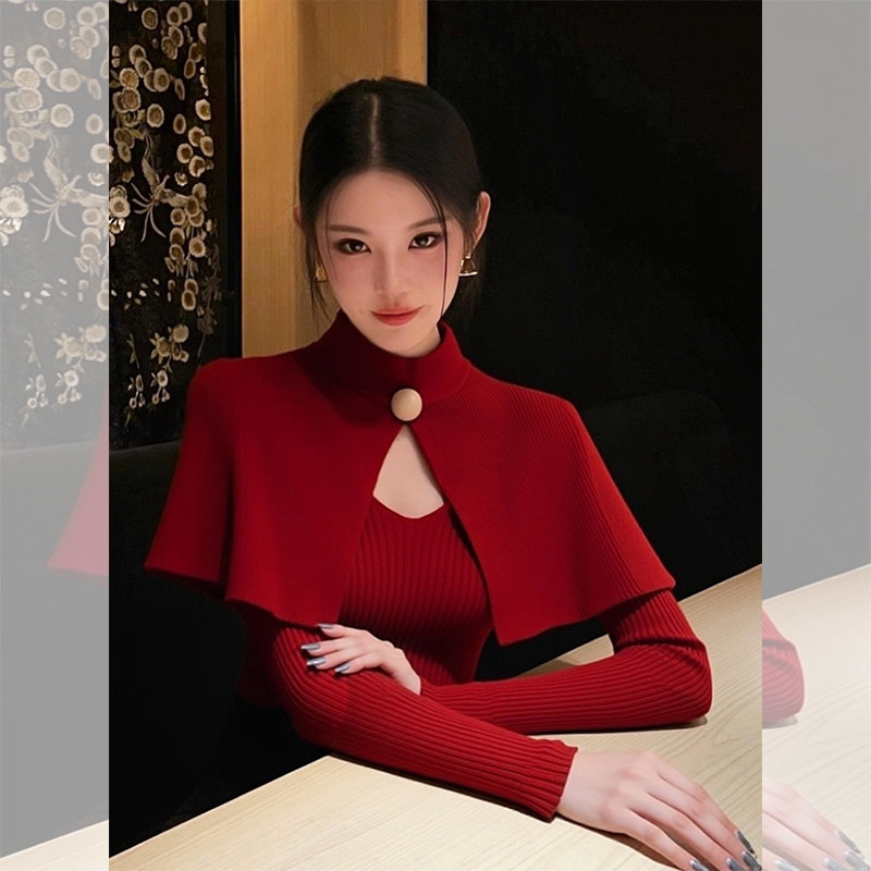 ROUMIKL端庄大气红色披肩假两件针织衫长袖女秋季新款精致漂亮高