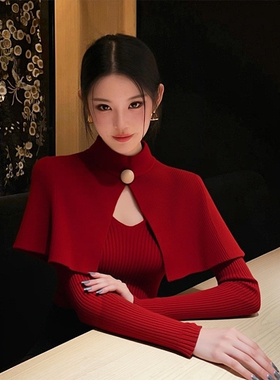 ROUMIKL端庄大气红色披肩假两件针织衫长袖女秋季新款精致漂亮高