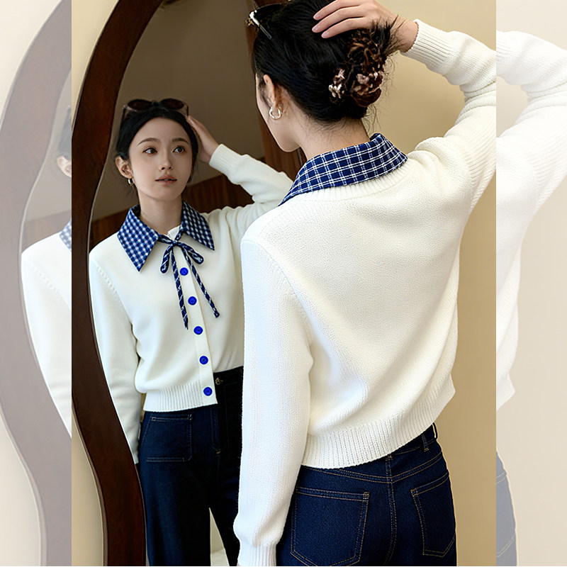 JOYIASS白色格纹系带POLO领针织开衫女款秋冬新款极简风短款洋气