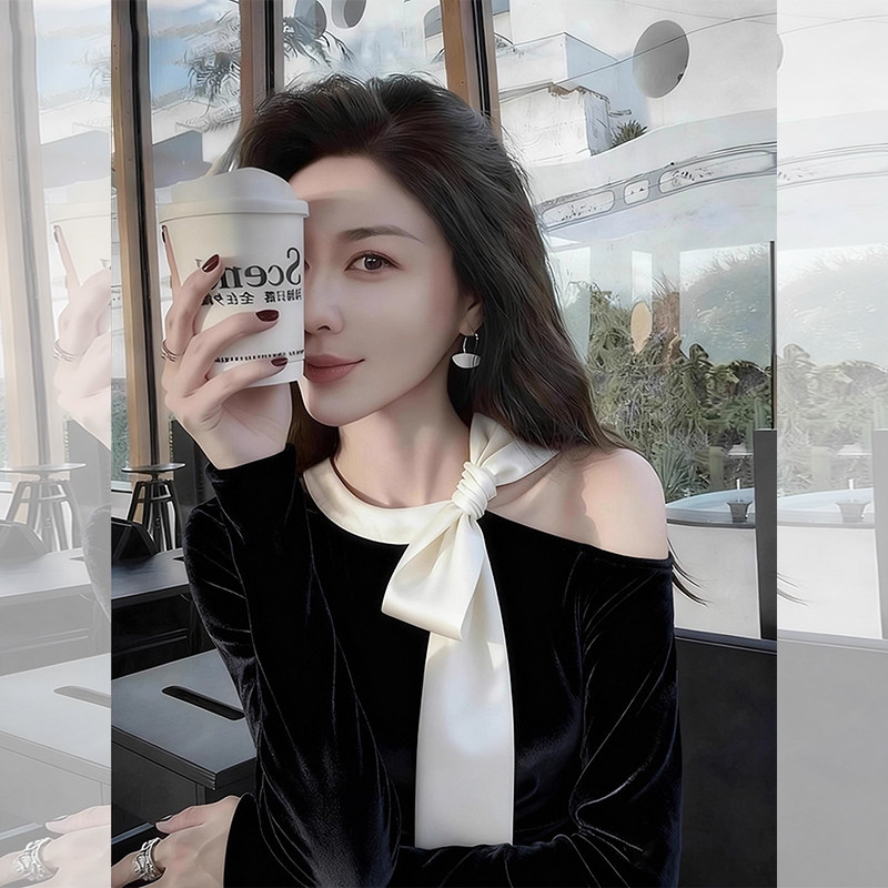 JOYIASS轻奢风黑色蝴蝶结系带丝绒衬衫女早秋季新款高级感时髦洋