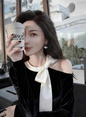 ROUMIKL轻奢风黑色蝴蝶结系带丝绒衬衫女早秋季新款高级感时髦洋