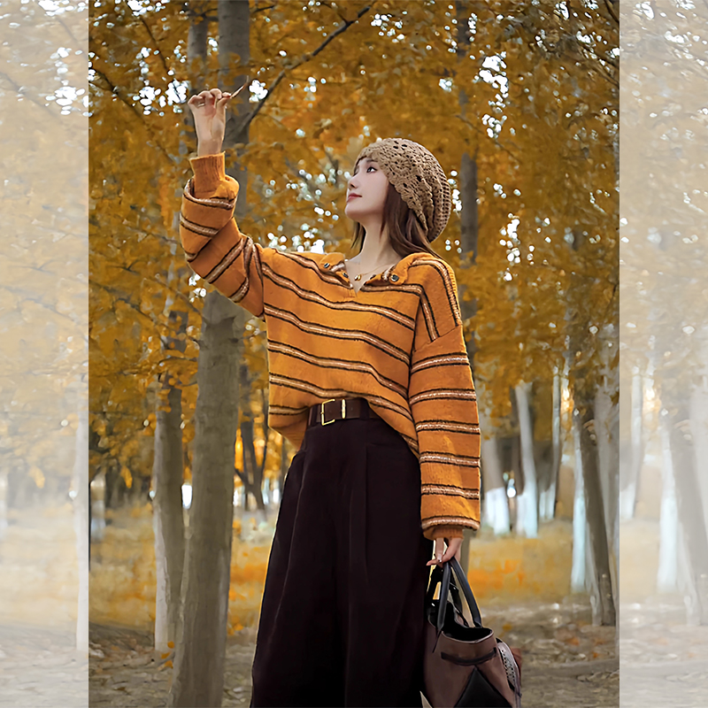 JOYIASS奶fufu软糯黄色条纹毛衣女早秋季新款淡人高知宽松超好看