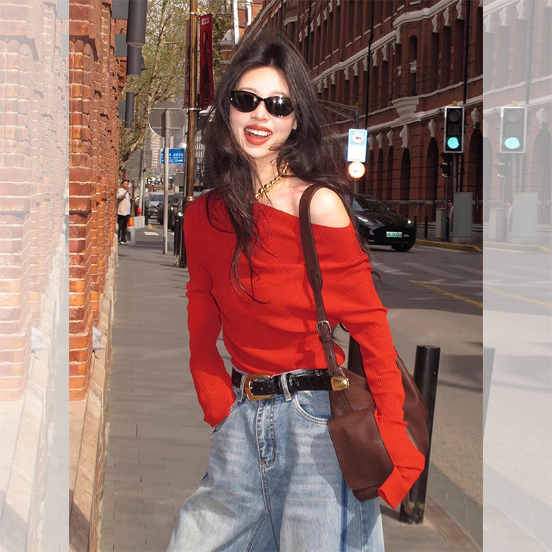 JOYIASS法式红色斜肩针织衫长袖女早秋季新款设计感辣妹风修身显