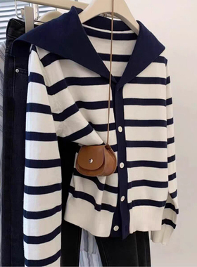 ROUMIKL藏蓝色海军领条纹拼接针织开衫女秋冬2025年新款气质知性