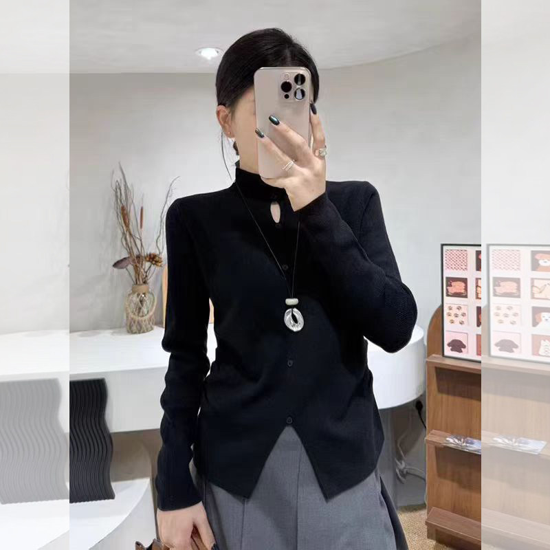 JOYIASS极简风黑色半高领镂空开叉针织衫女秋季新款休闲简约百搭