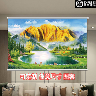 聚宝盆招财风景画窗帘客厅办公室老板书房卷帘挂画手拉式电动升降