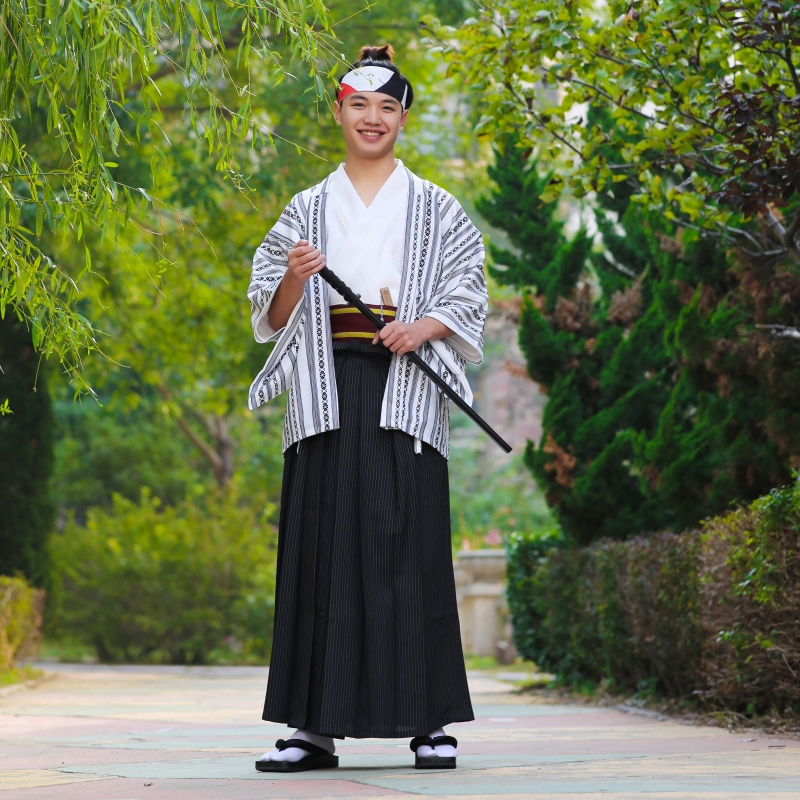 日本和服男d日式和风黑白条套装传统正规武士婚礼和服