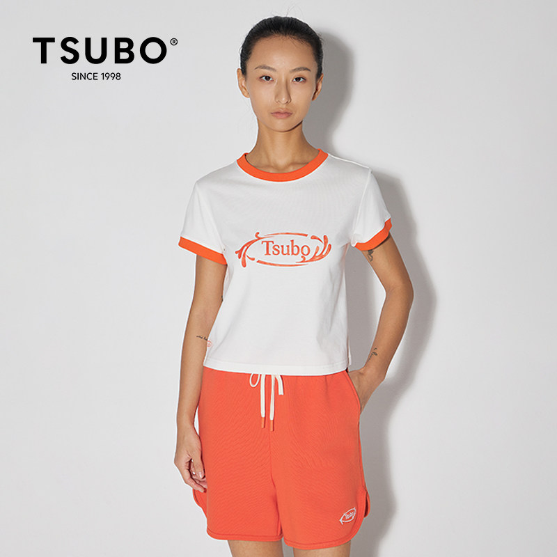 尺不TSUBO  时尚LOGO印花休闲拼色设计短款T恤图片