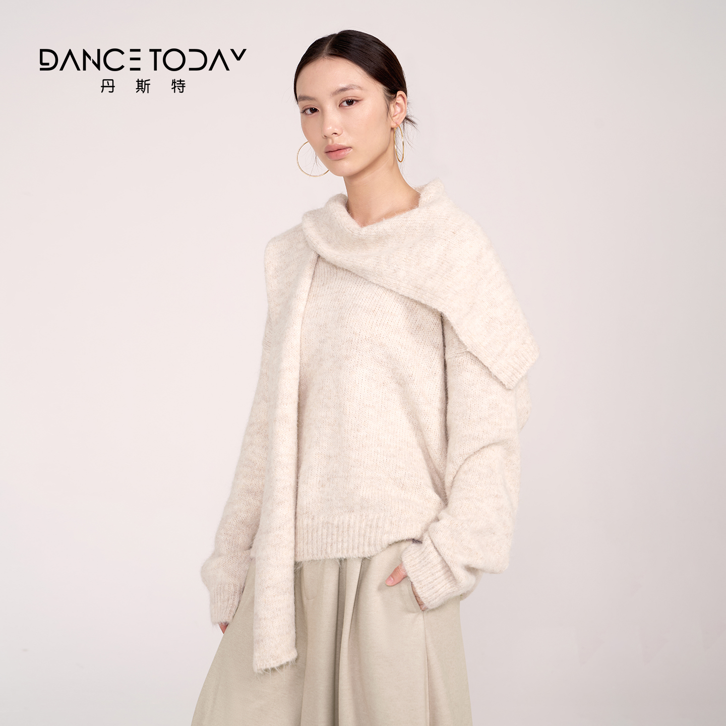 dancetoday披肩围巾领针织衫套装女秋冬宽松毛衣长袖上衣两件套