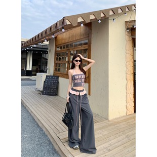 美式辣妹字母抹胸挂脖子背心女装夏季撞色拼接背心条纹带胸垫吊带