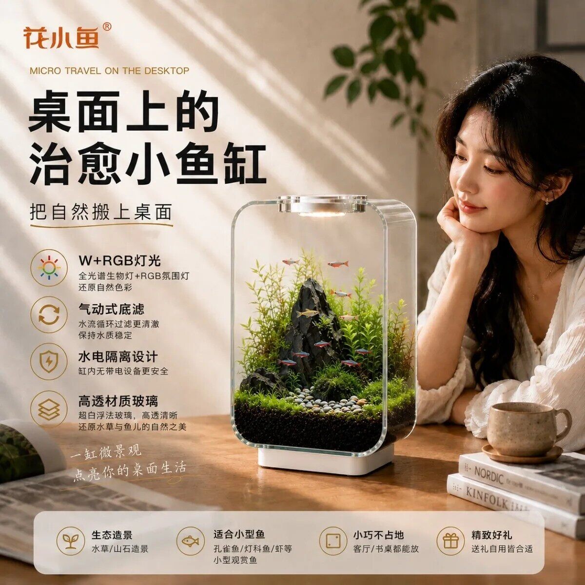 花小鱼斗鱼缸客厅小型生态金鱼缸专业超白透明玻璃亚克力鱼缸桌面