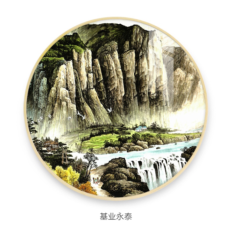 鸿运当头新中式圆形装饰画国画有框玄关迎客松山水画走廊过道挂画