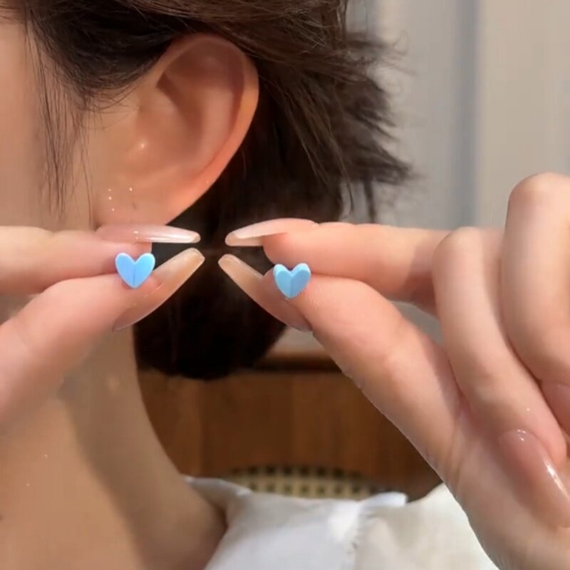 清新甜美简约蓝色爱心耳钉女
