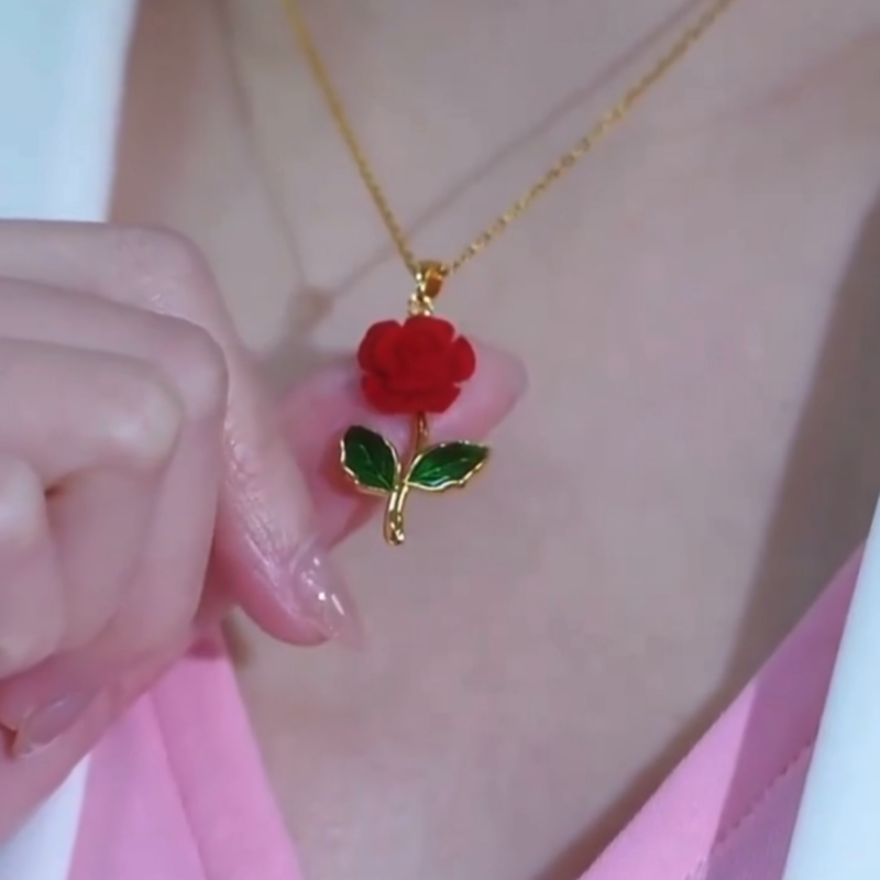新款时尚高级感红色玫瑰花项链女