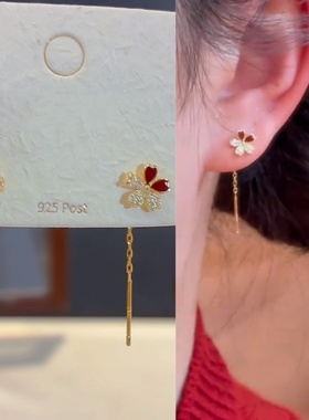 秋冬bi选日常百搭红色闪锆花朵耳线女长款流苏气质精致百搭耳饰潮