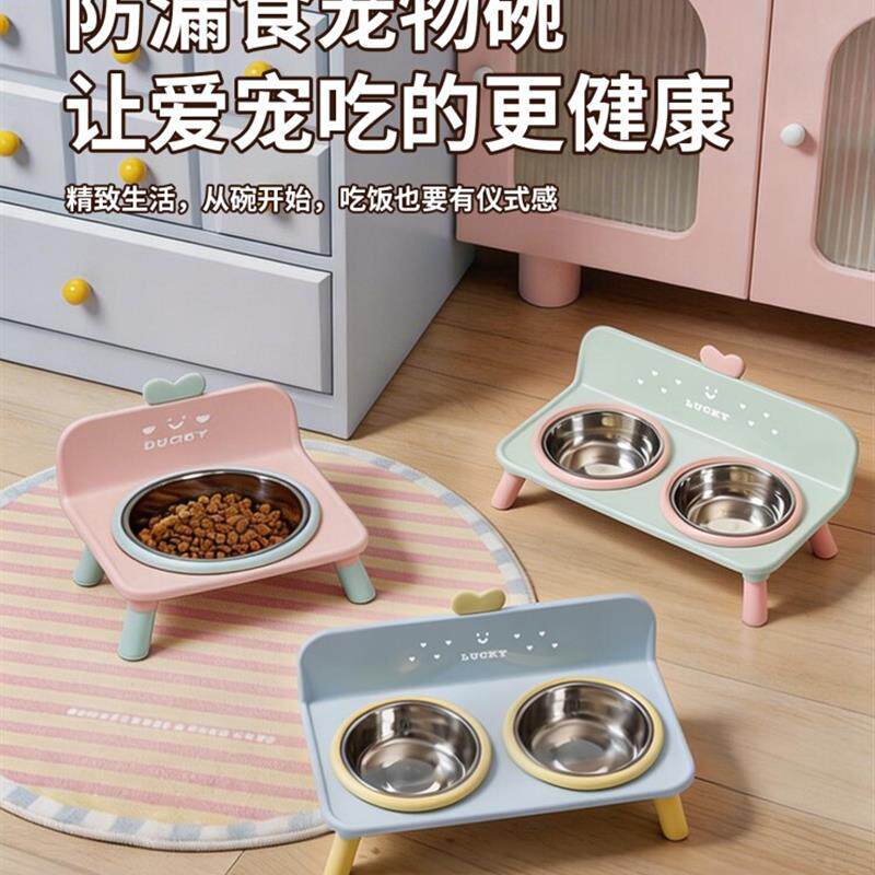 猫碗狗碗宠物不锈钢高脚碗防滑防打翻猫碗猫咪护颈高架双碗宠厂家