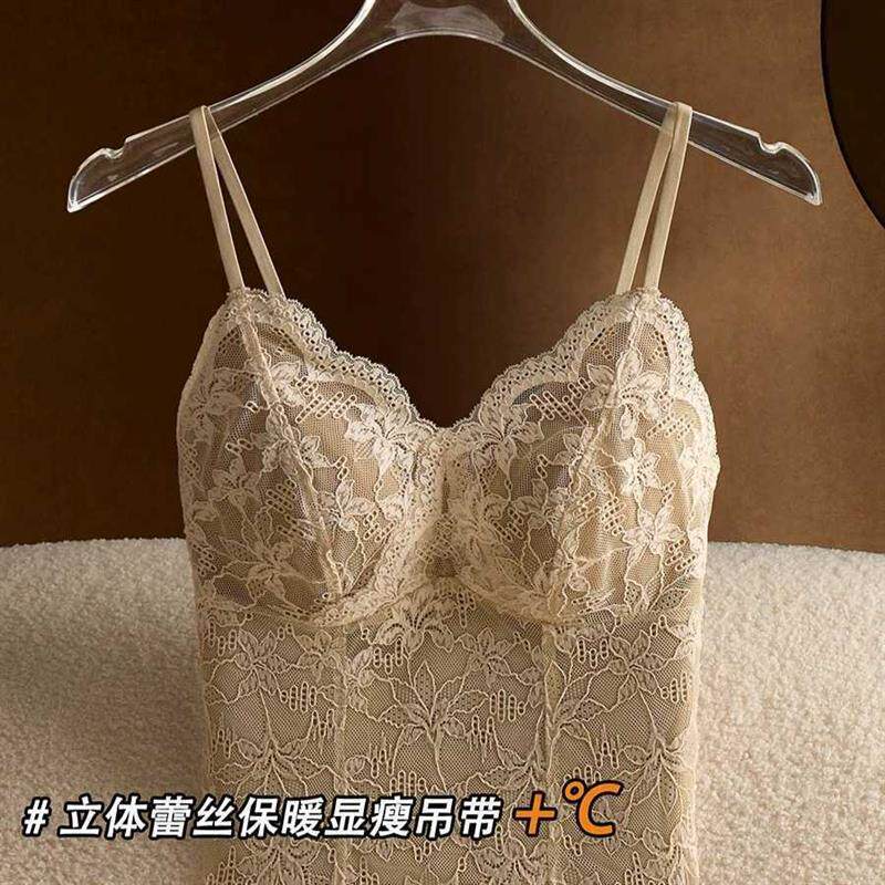 秋冬蕾丝吊带背心女磨毛保暖内衣带胸垫内搭外穿打底衫美背厂家