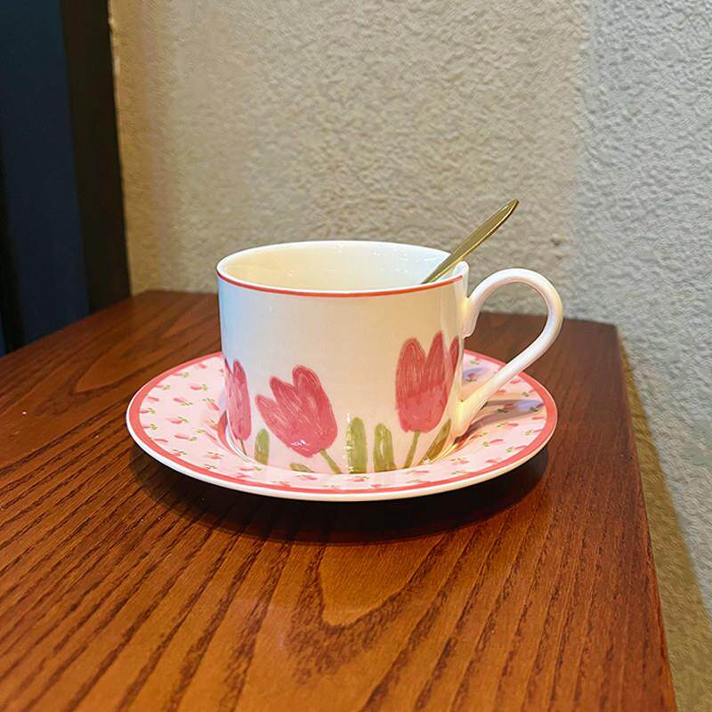 咖啡杯ins风郁金香杯子女生办公室创意勺子陶瓷水杯马克杯高厂家