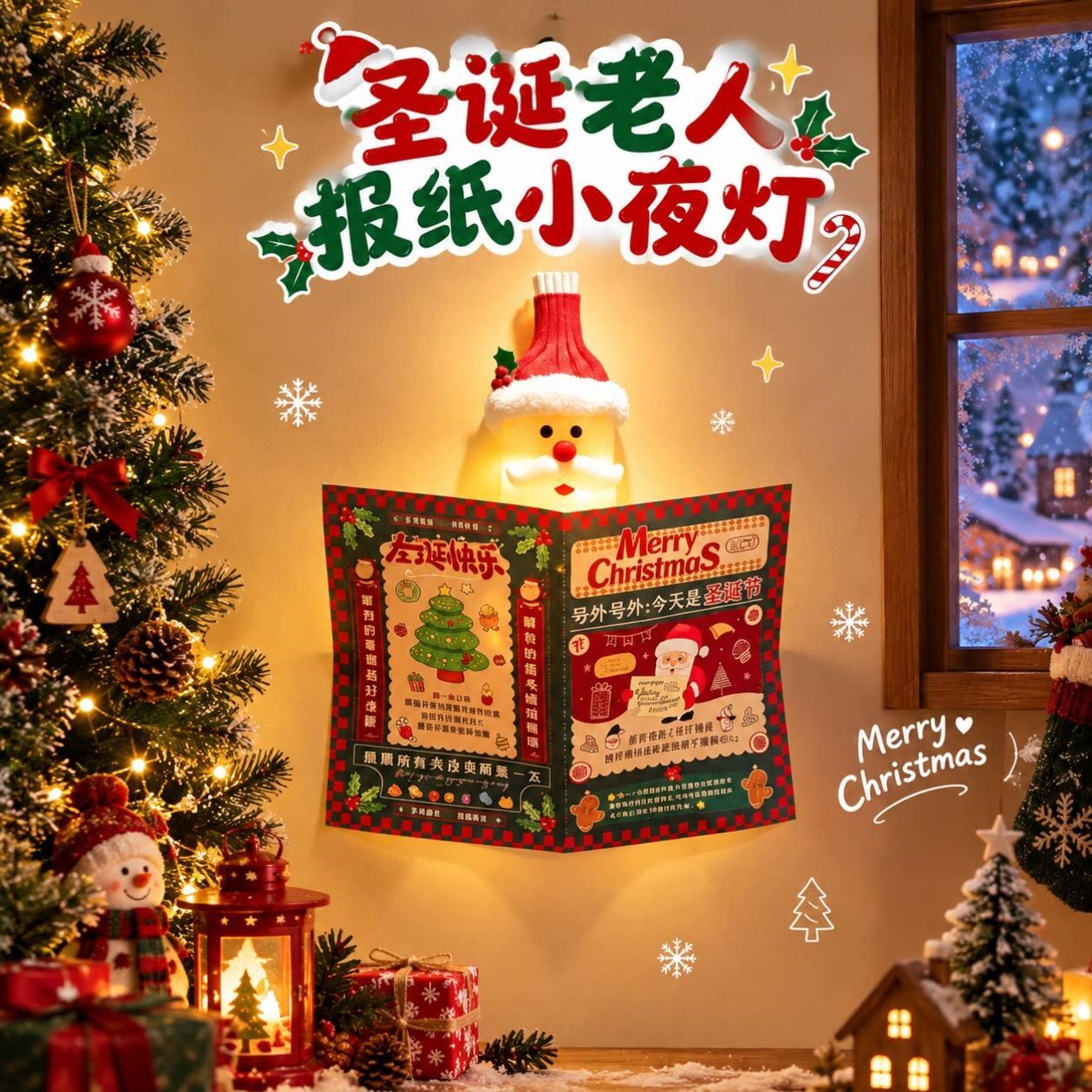 圣诞老人报纸小夜灯可发光摆件