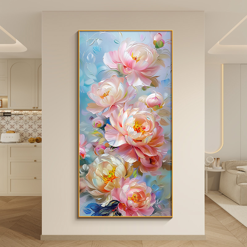 牡丹花玄关装饰画奶油风花开富贵入户门正对墙挂画油画竖版壁画图片