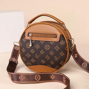 时尚 宽肩带百搭手提小圆包包印花单肩斜挎包 复古小包包女2026新款