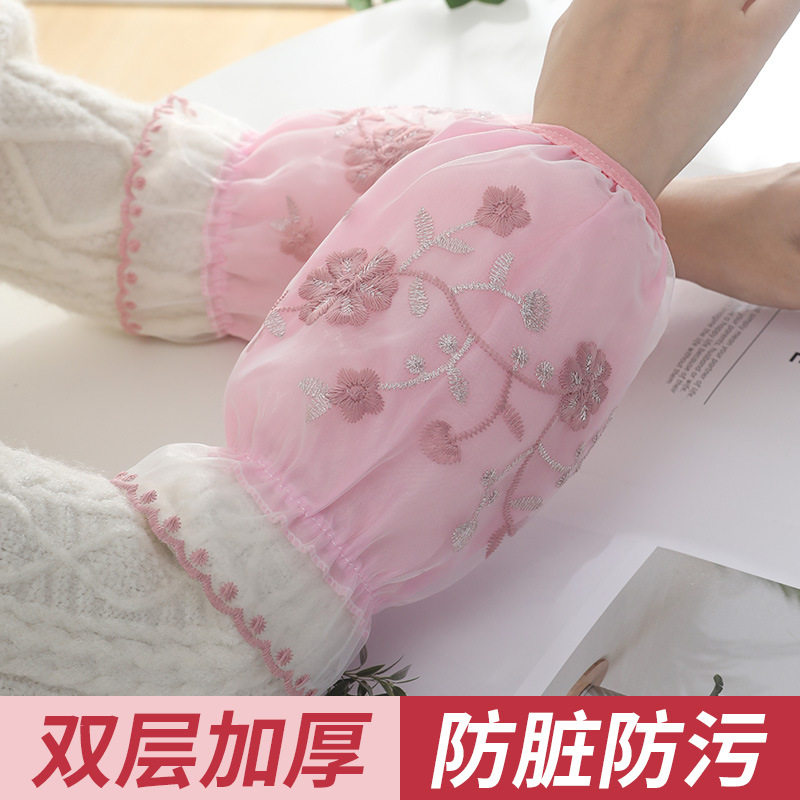 蕾丝袖套女士短冬季三层防污护袖成人米白色羽绒服套袖办公室袖头